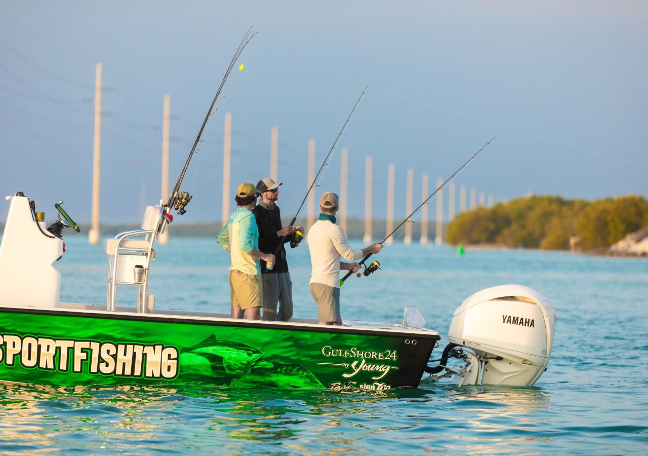 Three people fishing off of the end of a boat