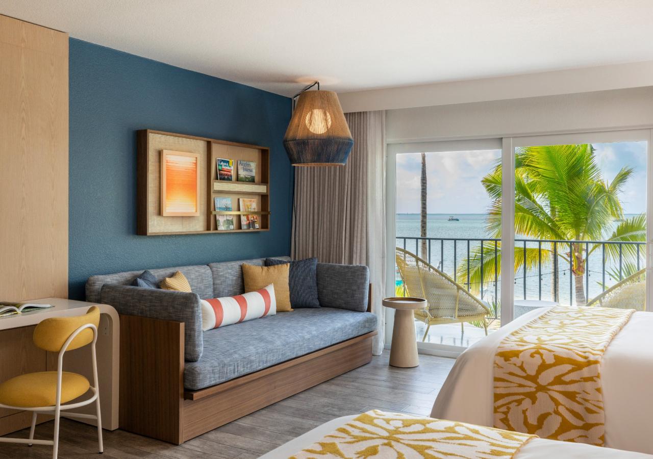 A double bed room at Three Waters Resort & Marina overlooking the ocean