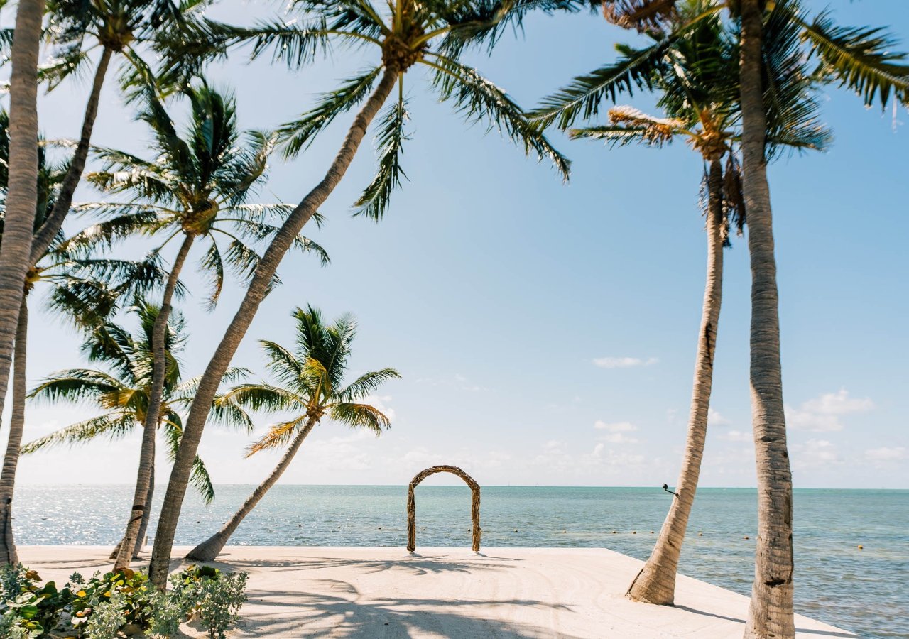 sand, palm trees with a wedding altar in the background