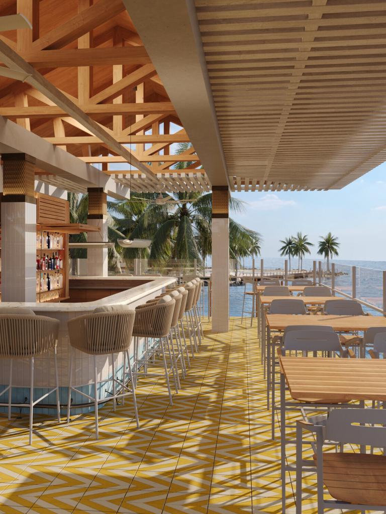 A rendering of the new Little Lemon patio overlooking the ocean at Three Waters Resort & Marina