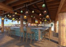 A rendering of the bar at the new Tiki Bar at Three Waters Resort & Marina