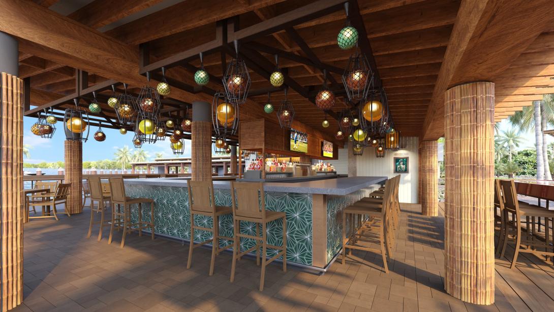 A rendering of the bar at the new Tiki Bar at Three Waters Resort & Marina